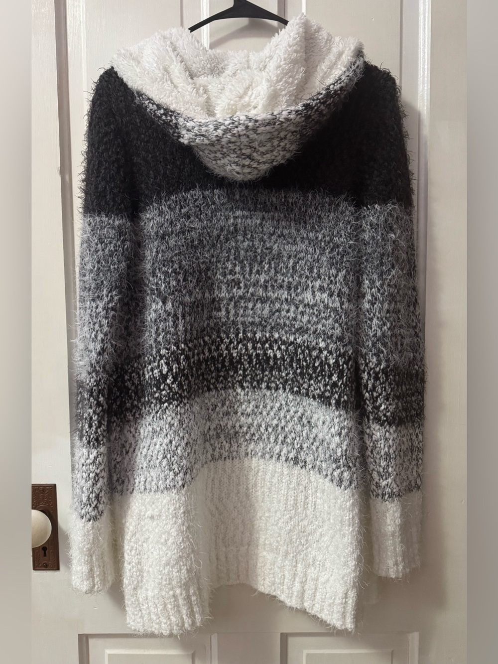 Absolutely Famous Fuzzy Hooded Stripe Sweater - White, Gray, Black